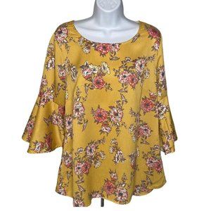 Bobeau Yellow Floral Pullover Blouse 3/4 Trumpet Bell Sleeve